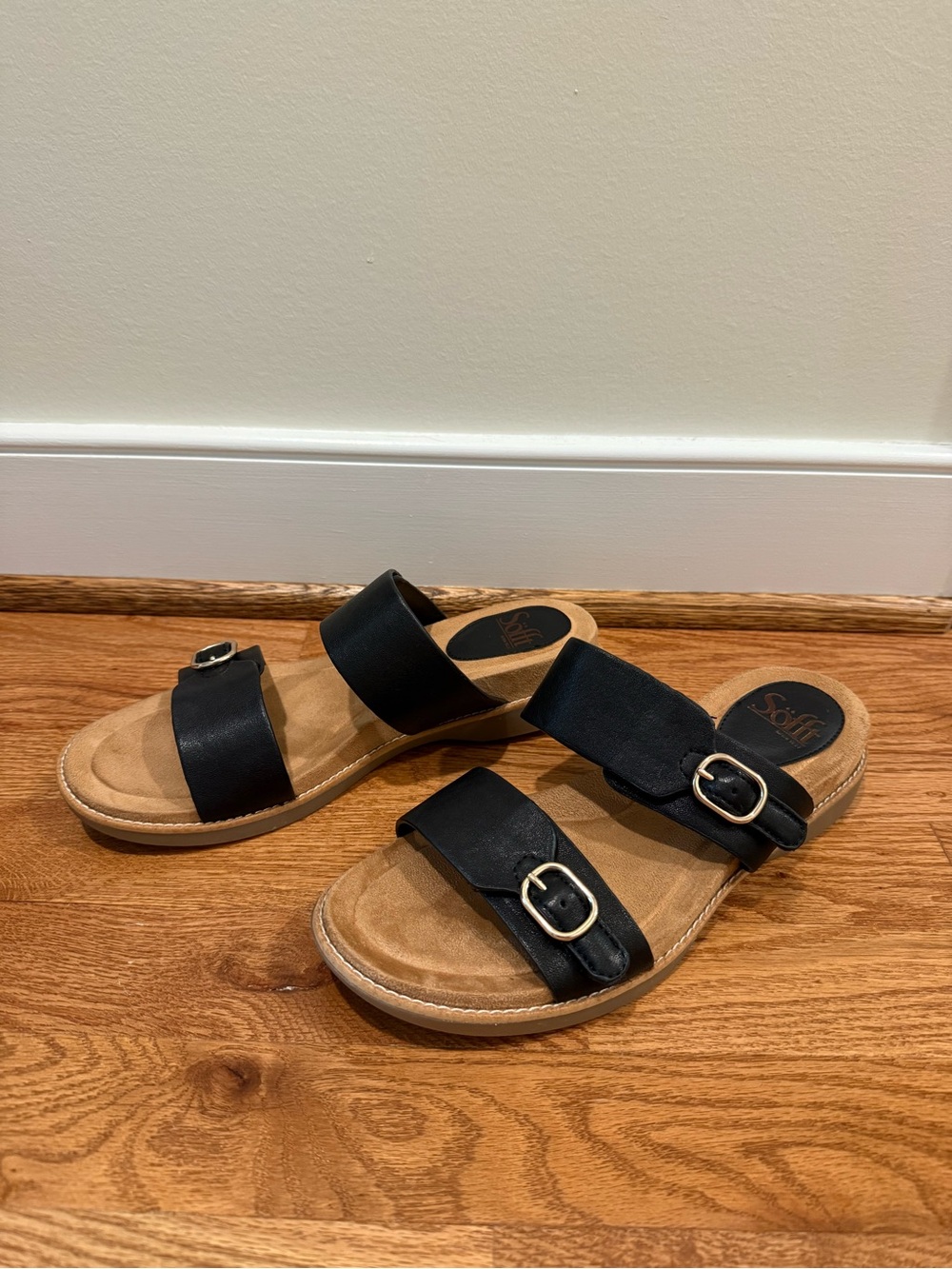 Sofft Black Leather Double-Strap Slide Sandals with Buckle Accents
